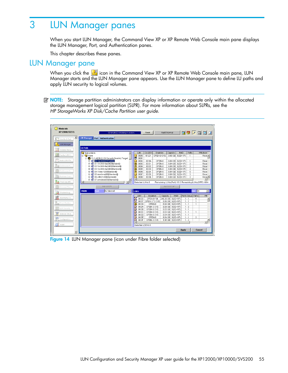 3 lun manager panes, Lun manager pane, 3lun manager panes | HP StorageWorks XP Remote Web Console Software User Manual | Page 55 / 198