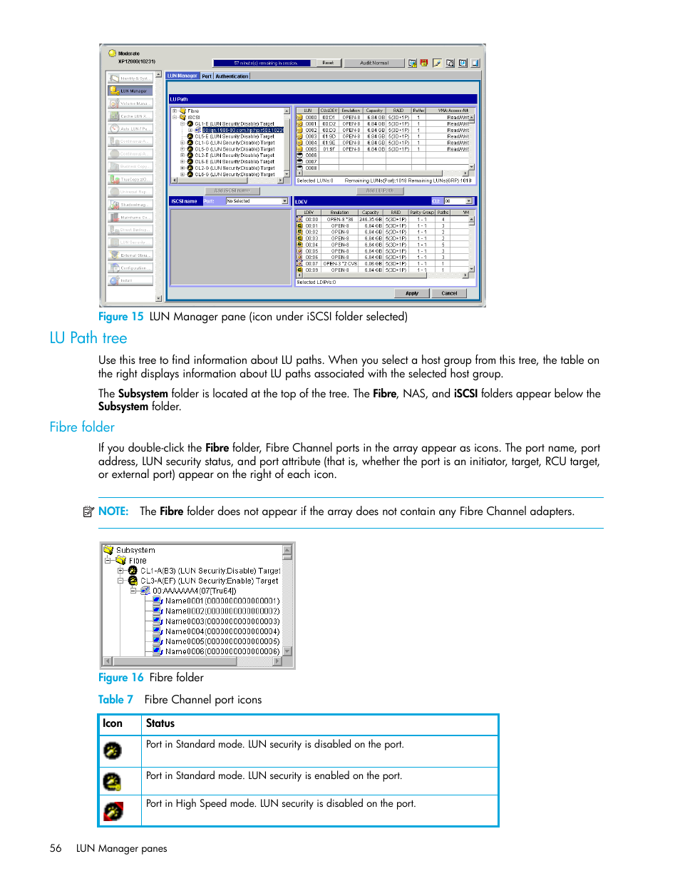 Lu path tree, Fibre folder, Figure 16 fibre folder | Table 7 fibre channel port icons, 16 fibre folder, 7 fibre channel port icons | HP StorageWorks XP Remote Web Console Software User Manual | Page 56 / 198