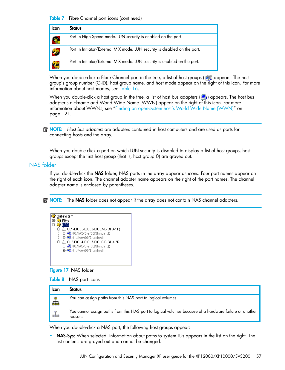 Nas folder, Figure 17 nas folder, Table 8 nas port icons | 17 nas folder, 8 nas port icons | HP StorageWorks XP Remote Web Console Software User Manual | Page 57 / 198