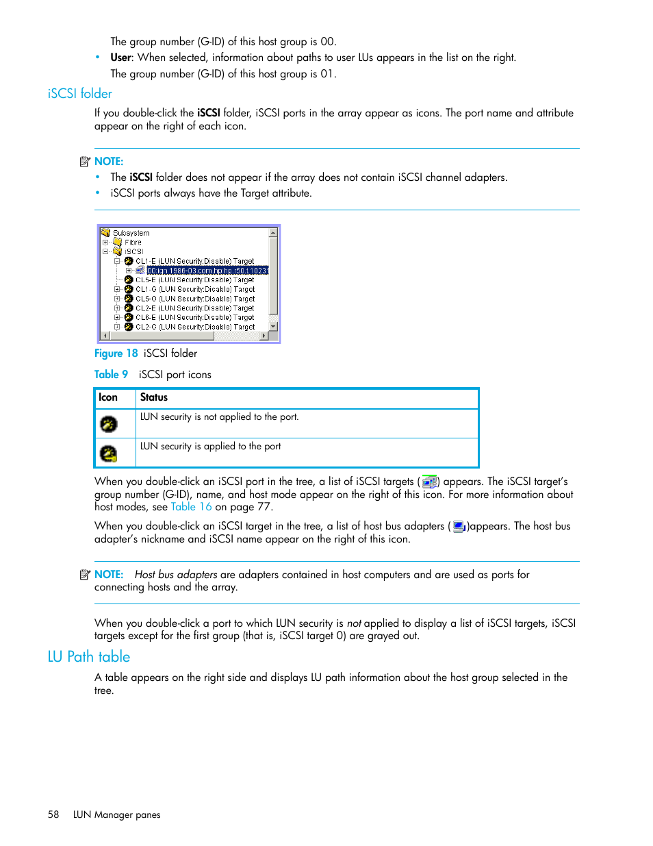 Iscsi folder, Figure 18 iscsi folder, Table 9 iscsi port icons | Lu path table, 18 iscsi folder, 9 iscsi port icons | HP StorageWorks XP Remote Web Console Software User Manual | Page 58 / 198