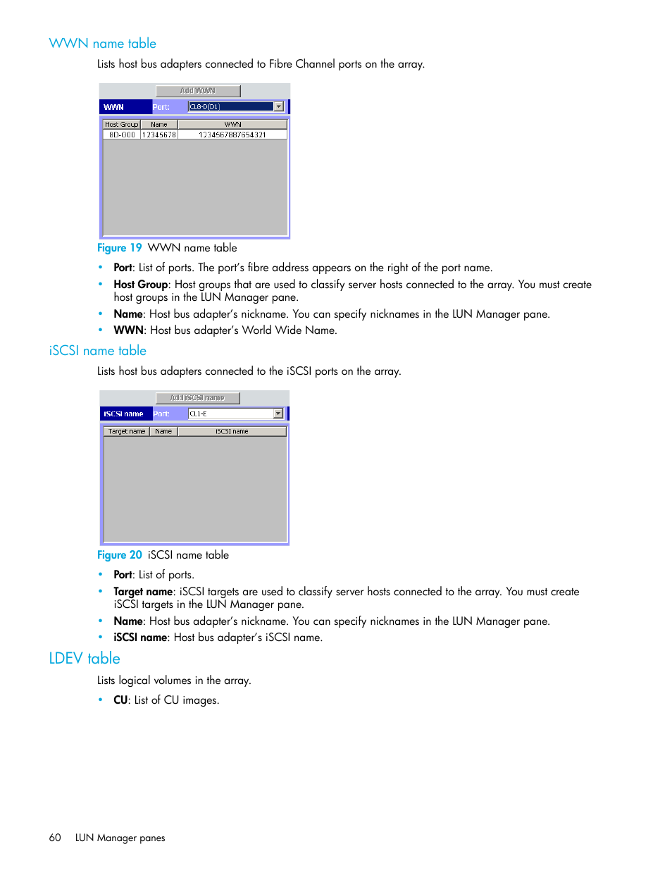 Wwn name table, Figure 19 wwn name table, Iscsi name table | Figure 20 iscsi name table, Ldev table, 19 wwn name table, 20 iscsi name table | HP StorageWorks XP Remote Web Console Software User Manual | Page 60 / 198