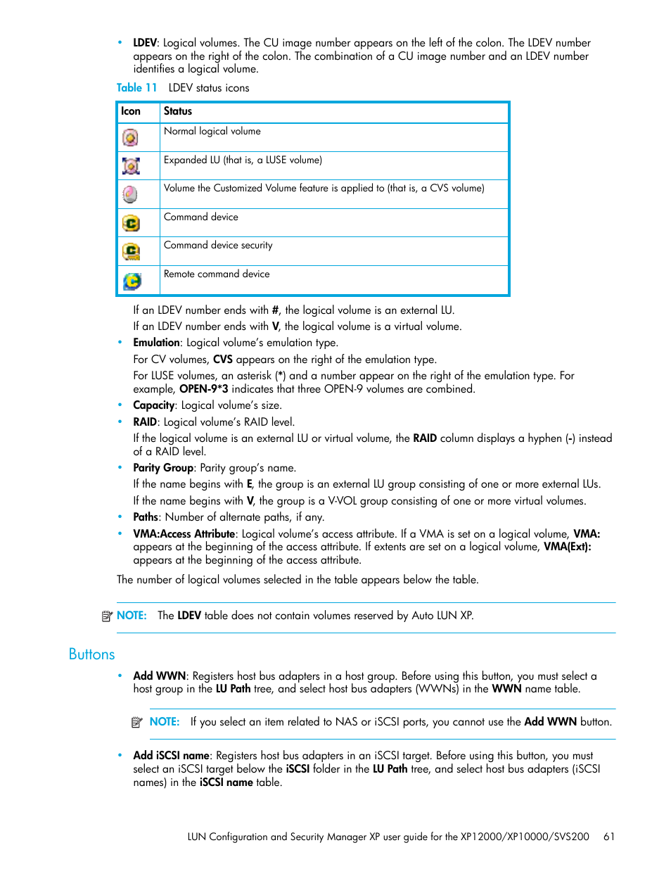 Table 11 ldev status icons, Buttons, 11 ldev status icons | HP StorageWorks XP Remote Web Console Software User Manual | Page 61 / 198