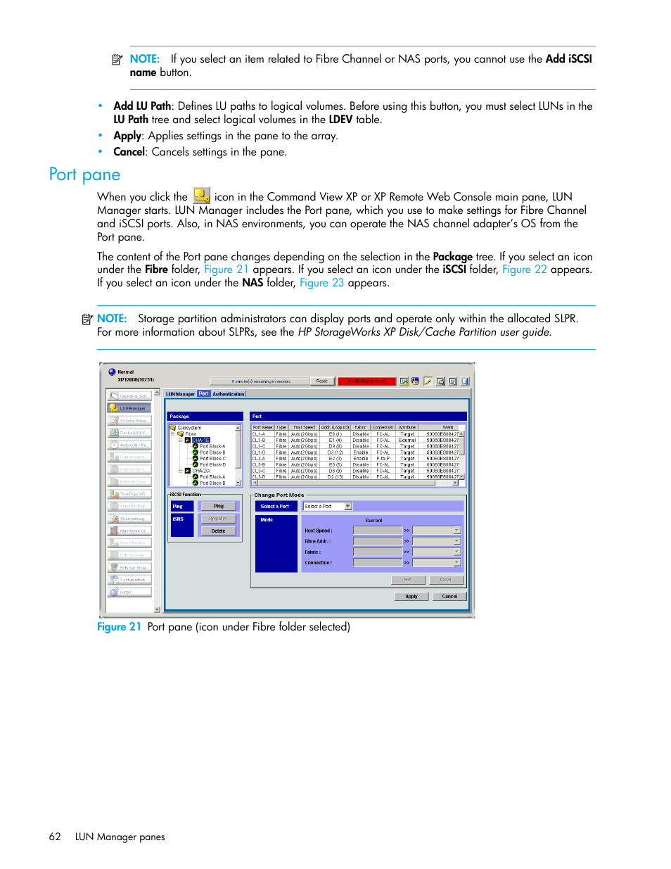 Port pane, 21 port pane (icon under fibre folder selected) | HP StorageWorks XP Remote Web Console Software User Manual | Page 62 / 198