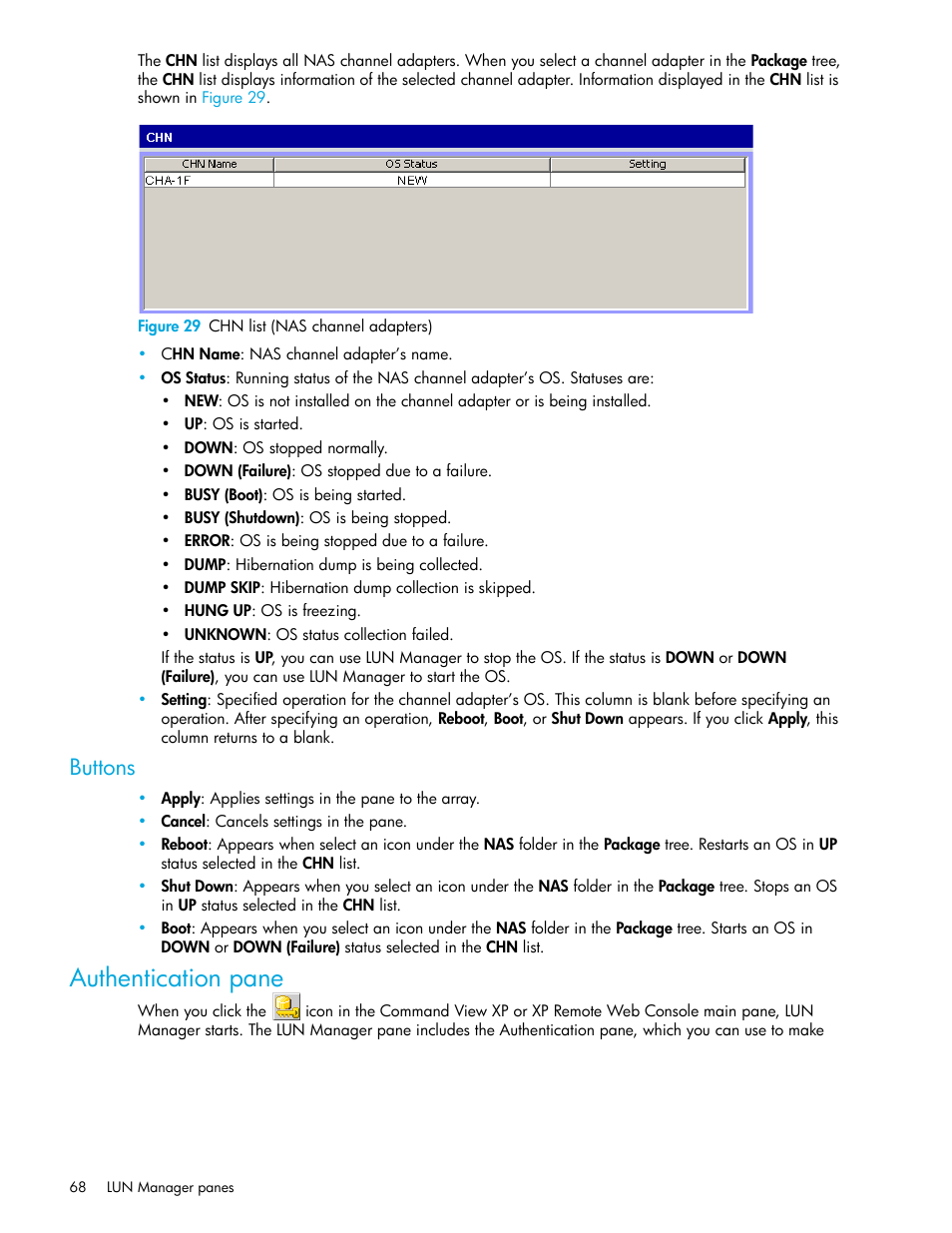 Figure 29 chn list (nas channel adapters), Buttons, Authentication pane | 29 chn list (nas channel adapters) | HP StorageWorks XP Remote Web Console Software User Manual | Page 68 / 198
