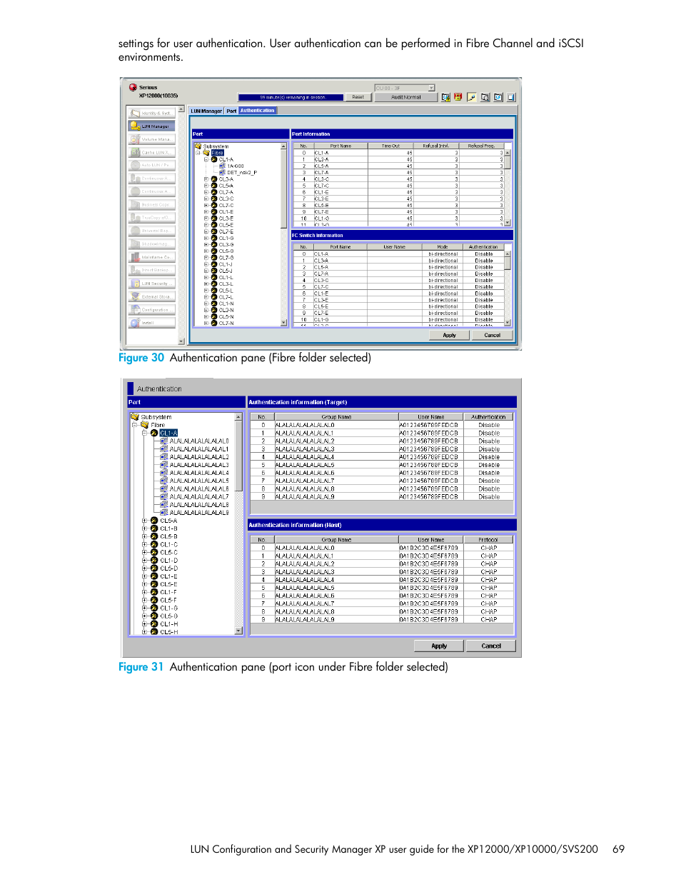 30 authentication pane (fibre folder selected) | HP StorageWorks XP Remote Web Console Software User Manual | Page 69 / 198