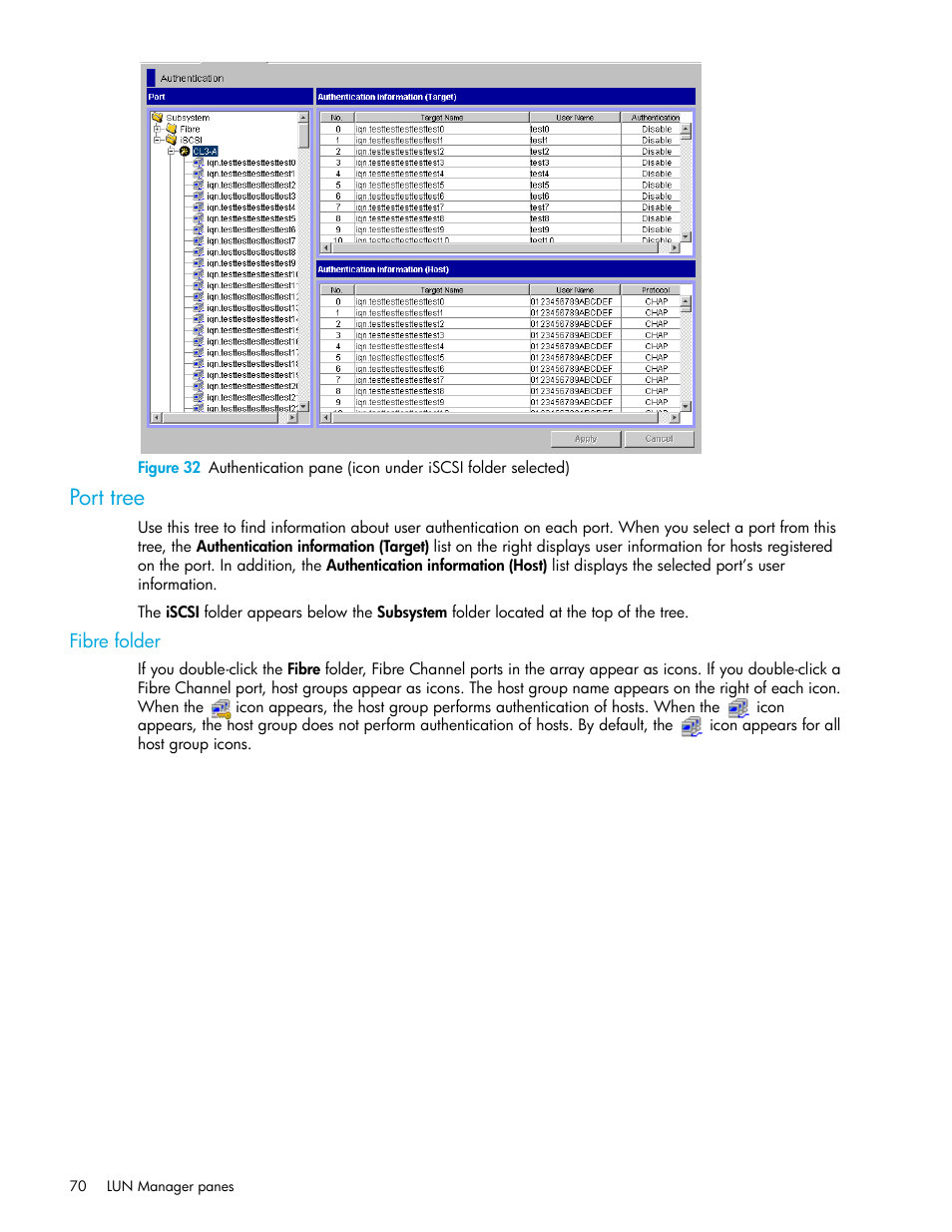 Port tree, Fibre folder | HP StorageWorks XP Remote Web Console Software User Manual | Page 70 / 198