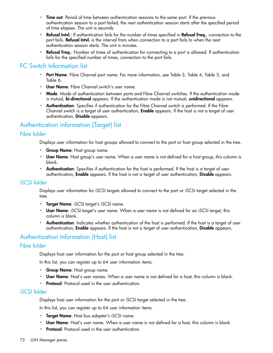 Fc switch information list, Authentication information (target) list, Fibre folder | Iscsi folder, Authentication information (host) list | HP StorageWorks XP Remote Web Console Software User Manual | Page 72 / 198