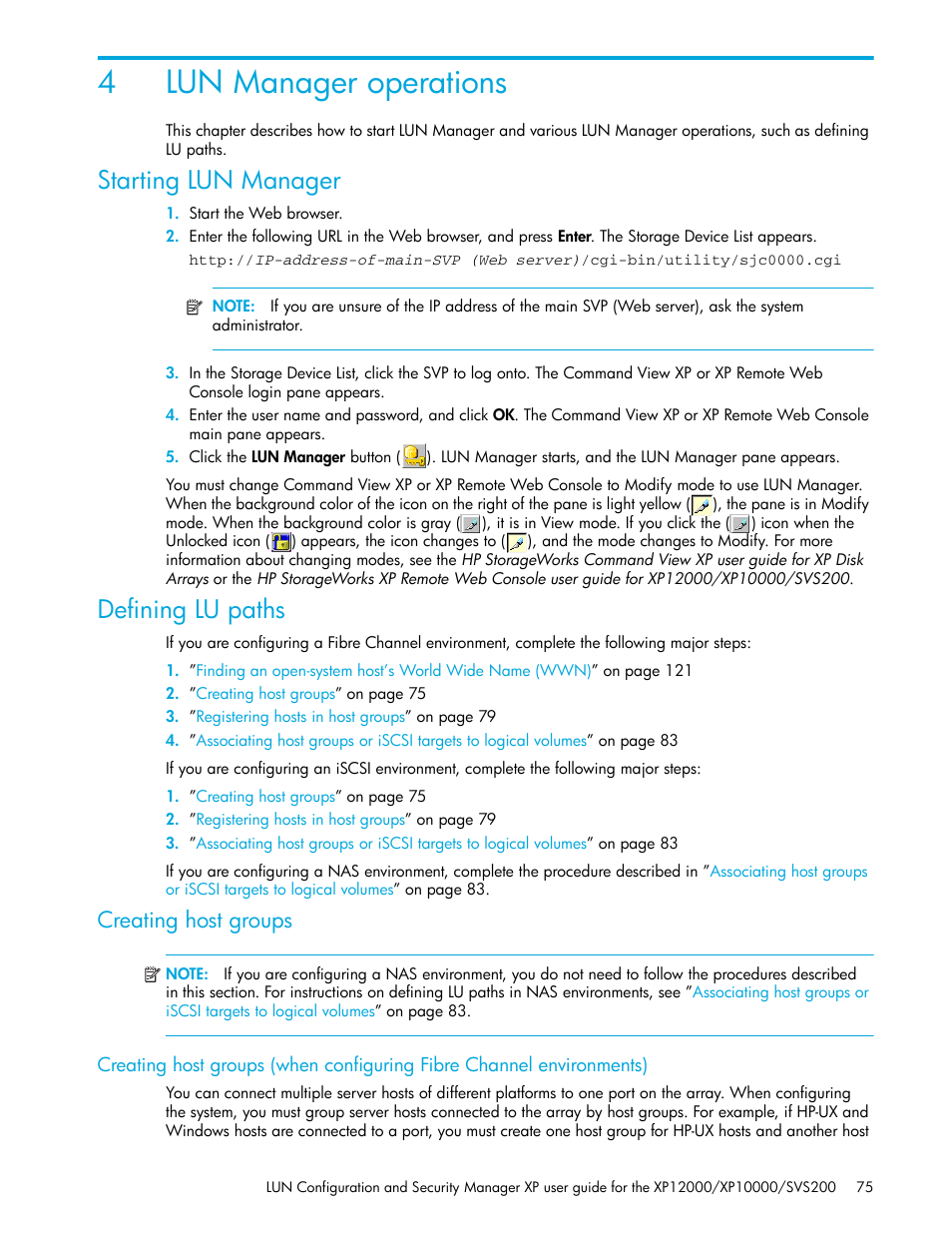 4 lun manager operations, Starting lun manager, Defining lu paths | Creating host groups, 4lun manager operations | HP StorageWorks XP Remote Web Console Software User Manual | Page 75 / 198