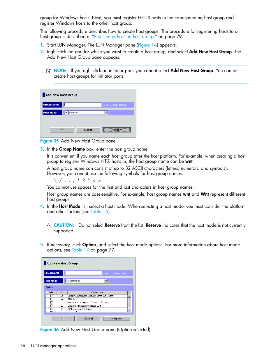 Figure 35 add new host group pane, 35 add new host group pane, 36 add new host group pane (option selected) | HP StorageWorks XP Remote Web Console Software User Manual | Page 76 / 198