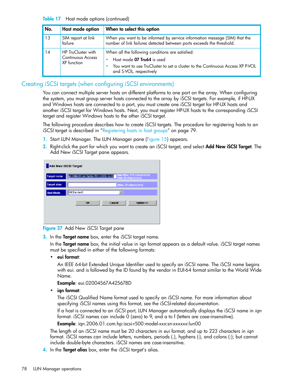 Figure 37 add new iscsi target pane, 37 add new iscsi target pane | HP StorageWorks XP Remote Web Console Software User Manual | Page 78 / 198