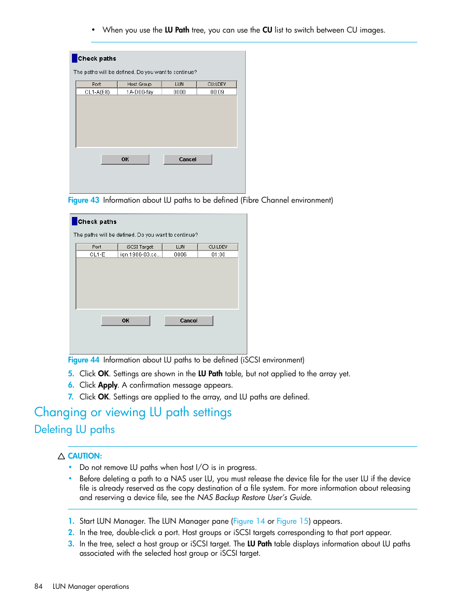 Changing or viewing lu path settings, Deleting lu paths | HP StorageWorks XP Remote Web Console Software User Manual | Page 84 / 198