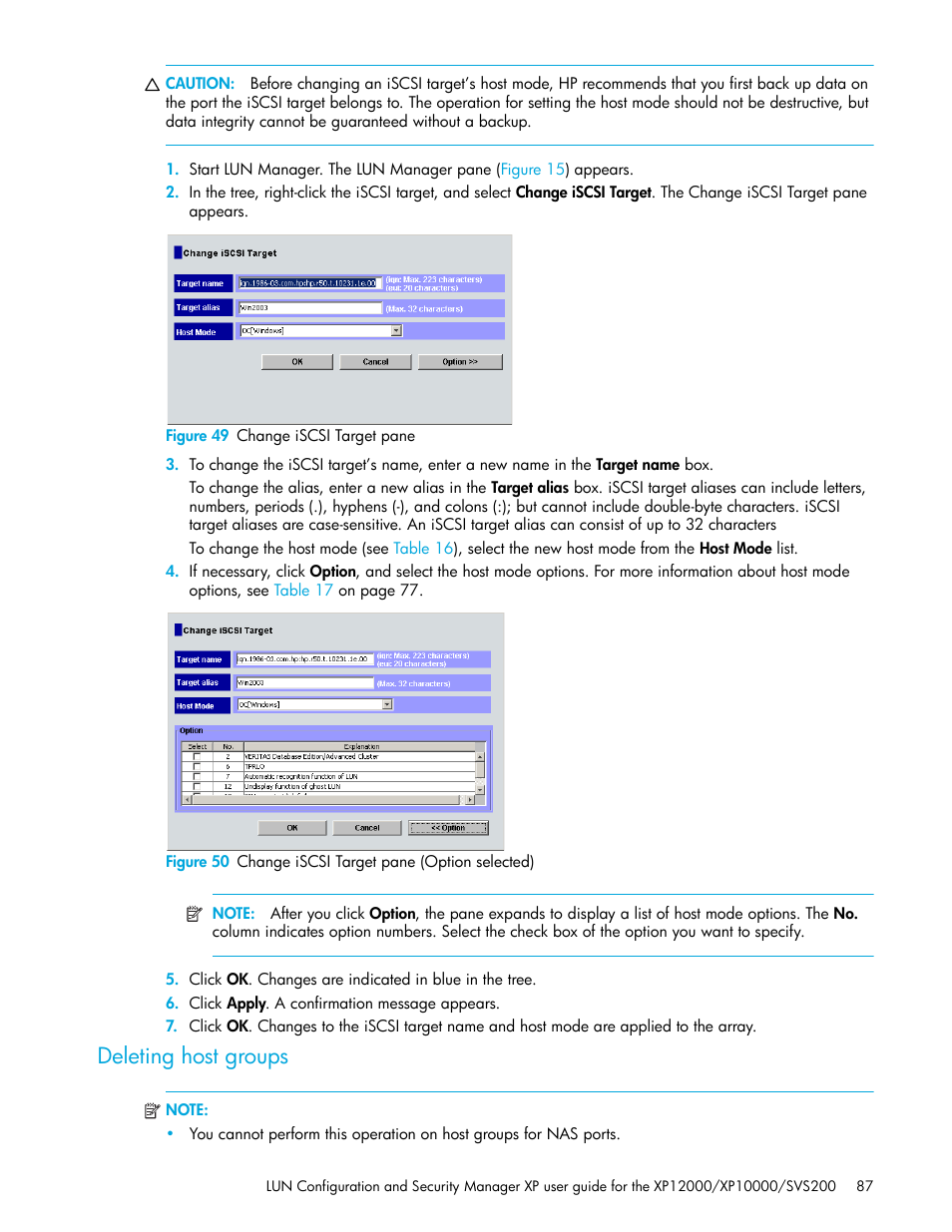 Figure 49 change iscsi target pane, Deleting host groups, 49 change iscsi target pane | 50 change iscsi target pane (option selected) | HP StorageWorks XP Remote Web Console Software User Manual | Page 87 / 198