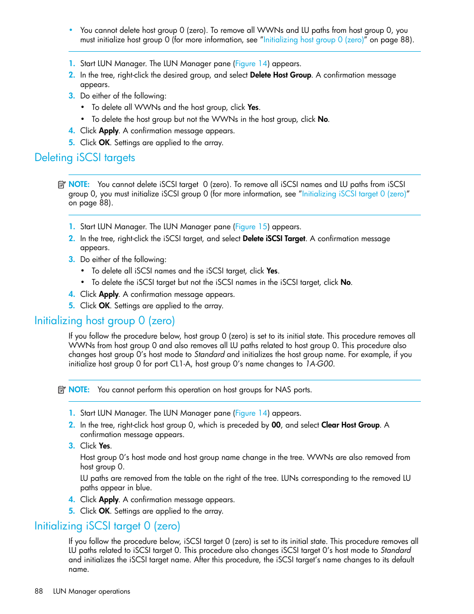 Deleting iscsi targets, Initializing host group 0 (zero), Initializing iscsi target 0 (zero) | HP StorageWorks XP Remote Web Console Software User Manual | Page 88 / 198