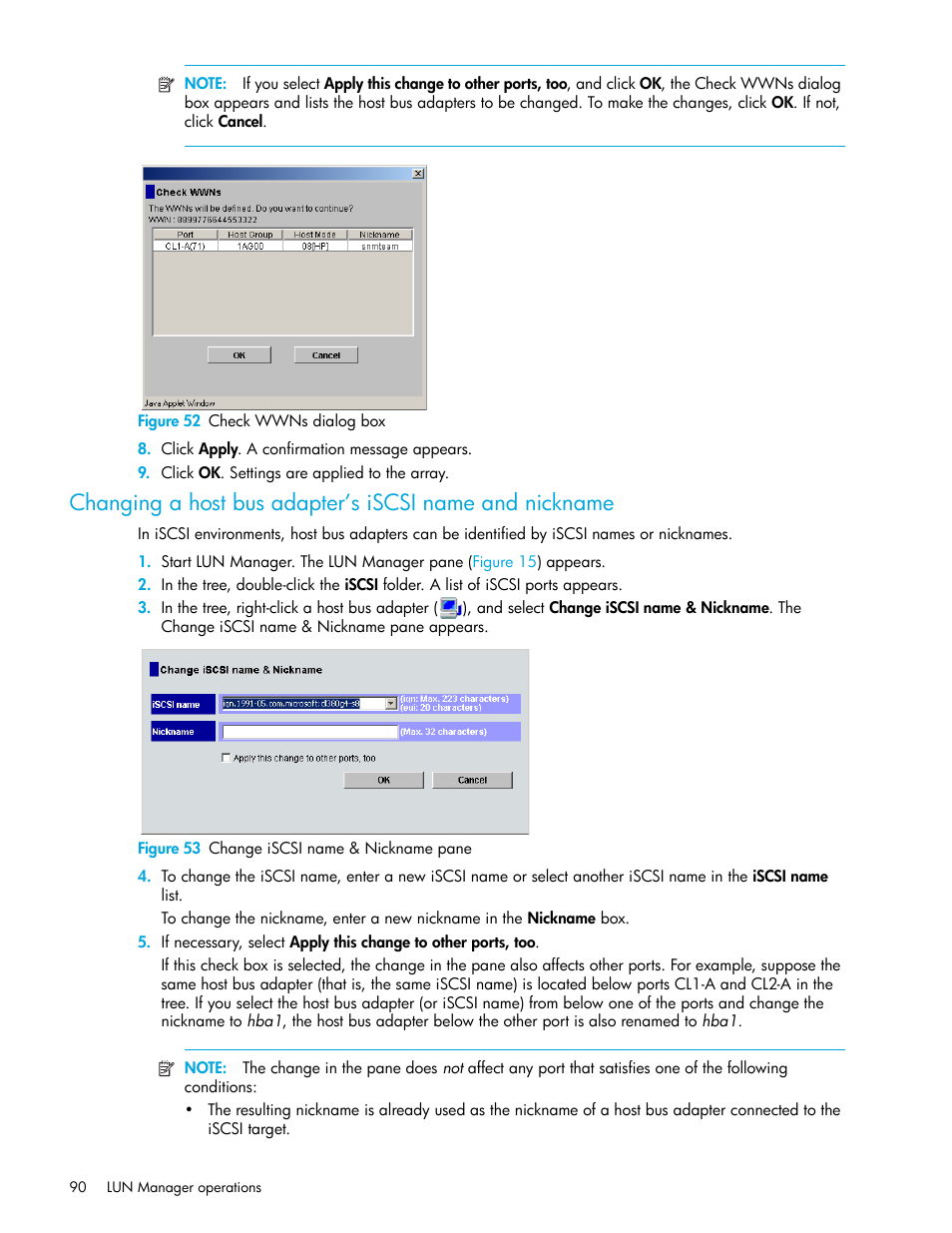 Figure 52 check wwns dialog box, Figure 53 change iscsi name & nickname pane, 52 check wwns dialog box | 53 change iscsi name & nickname pane | HP StorageWorks XP Remote Web Console Software User Manual | Page 90 / 198