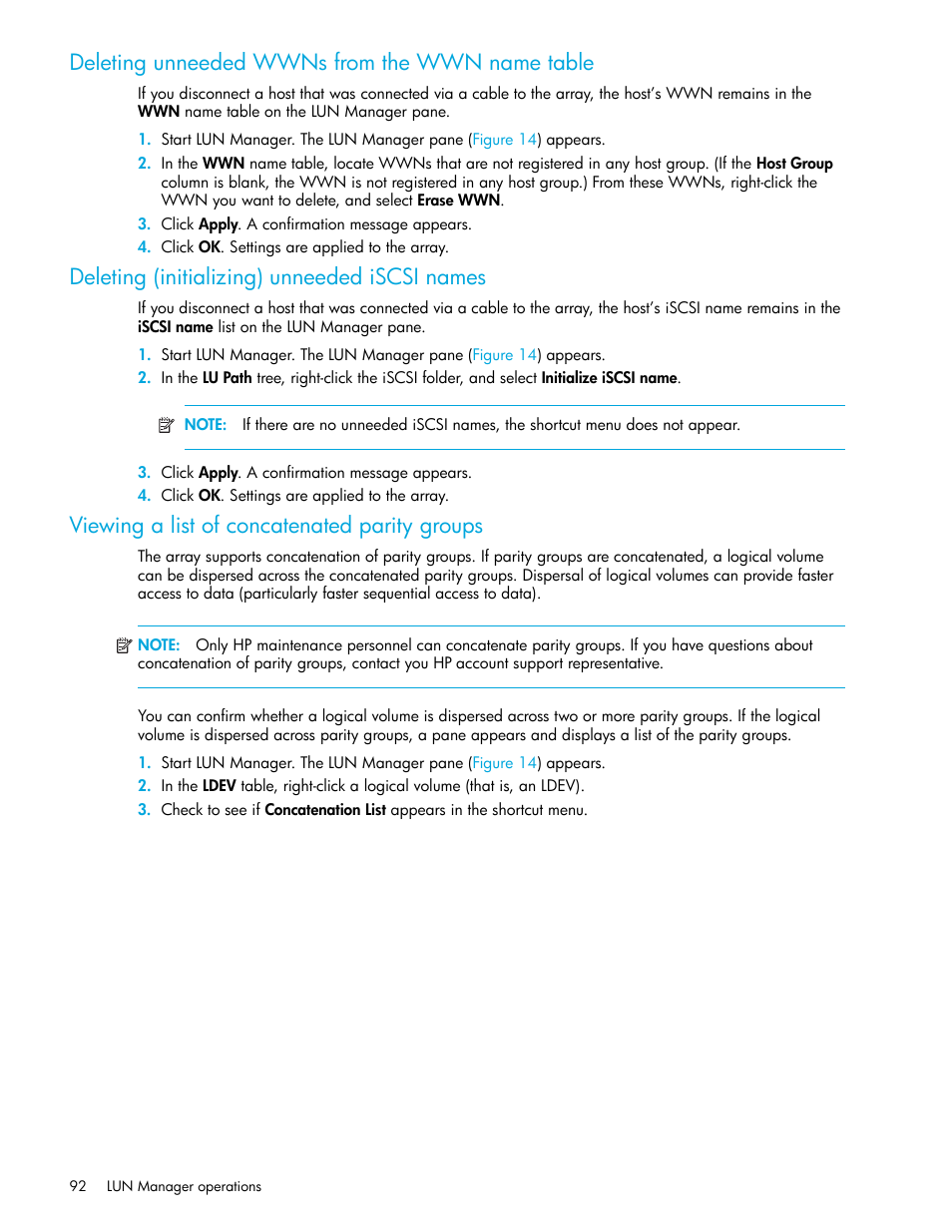 Deleting unneeded wwns from the wwn name table, Deleting (initializing) unneeded iscsi names, Viewing a list of concatenated parity groups | HP StorageWorks XP Remote Web Console Software User Manual | Page 92 / 198