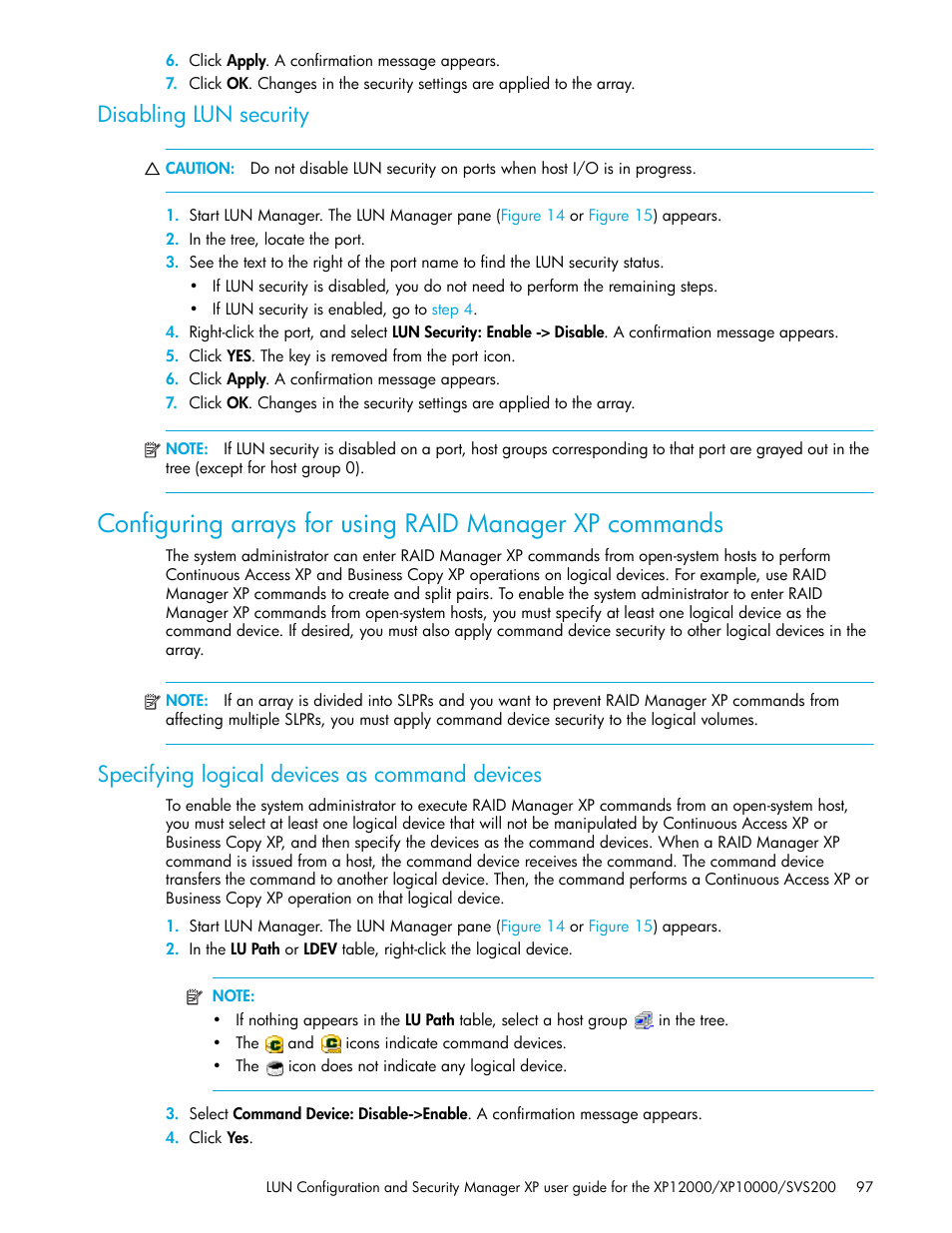 Disabling lun security, Specifying logical devices as command devices | HP StorageWorks XP Remote Web Console Software User Manual | Page 97 / 198