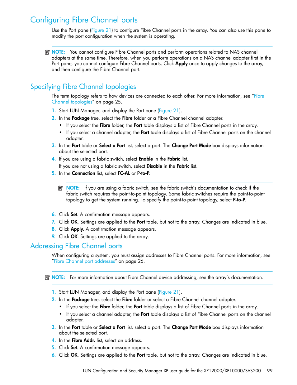 Configuring fibre channel ports, Specifying fibre channel topologies, Addressing fibre channel ports | Specifying fibre, Channel topologies | HP StorageWorks XP Remote Web Console Software User Manual | Page 99 / 198