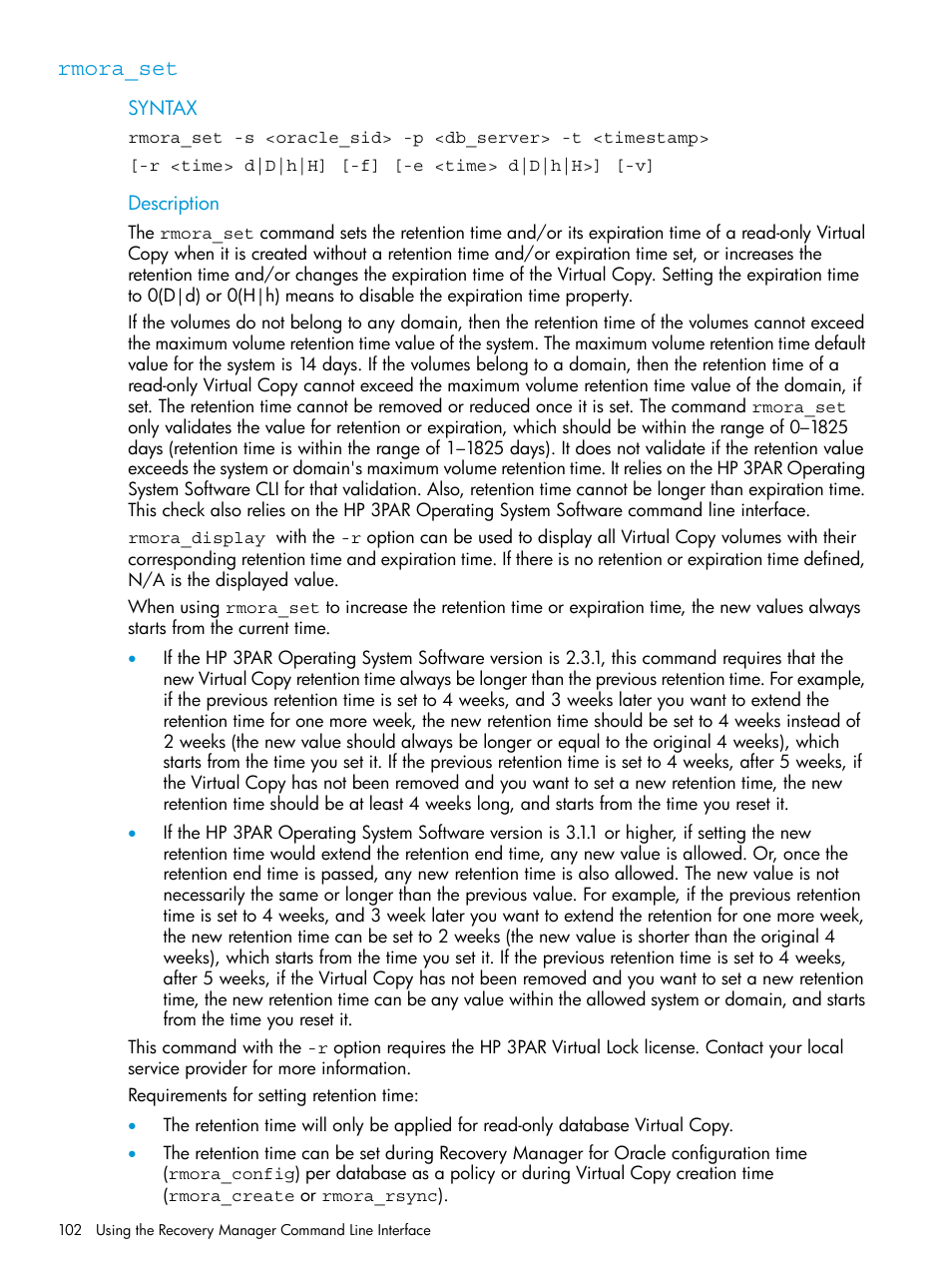 Rmora_set | HP 3PAR Application Software Suite for Oracle User Manual | Page 102 / 223