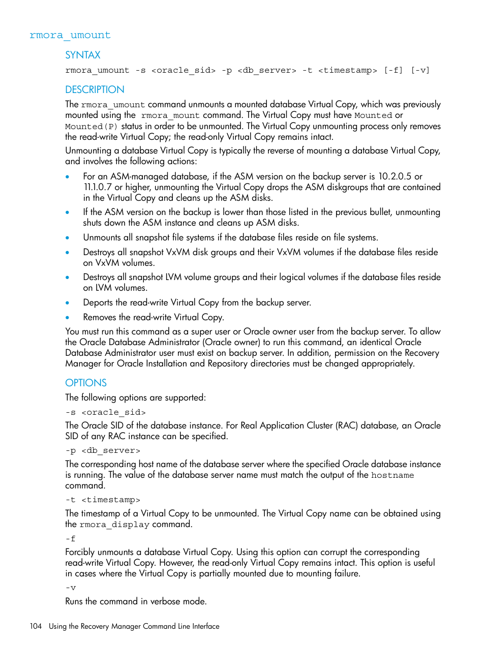 Rmora_umount | HP 3PAR Application Software Suite for Oracle User Manual | Page 104 / 223