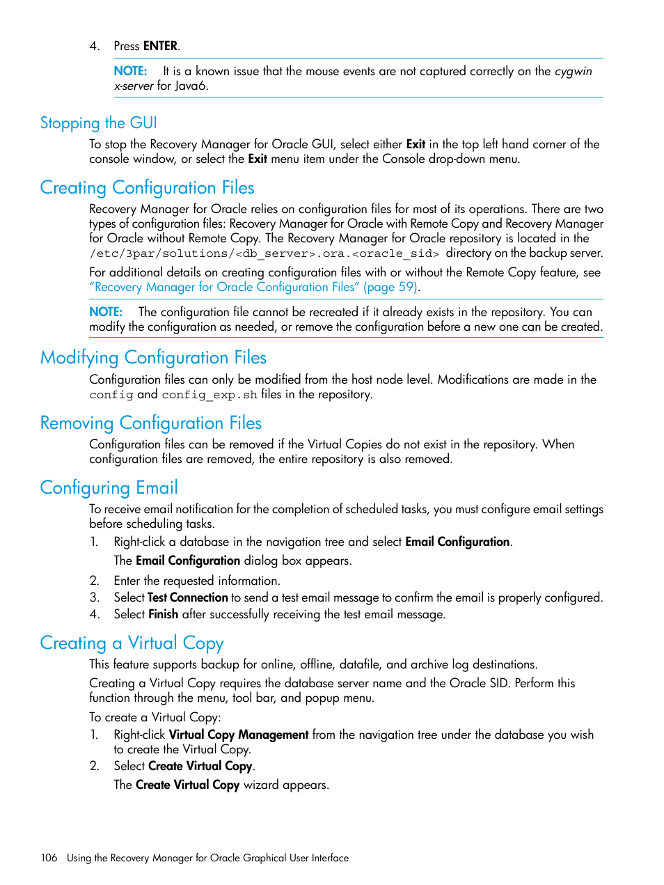 Stopping the gui, Creating configuration files, Modifying configuration files | Removing configuration files, Configuring email, Creating a virtual copy | HP 3PAR Application Software Suite for Oracle User Manual | Page 106 / 223