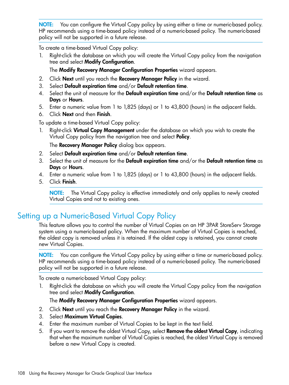 Setting up a numeric-based virtual copy policy | HP 3PAR Application Software Suite for Oracle User Manual | Page 108 / 223