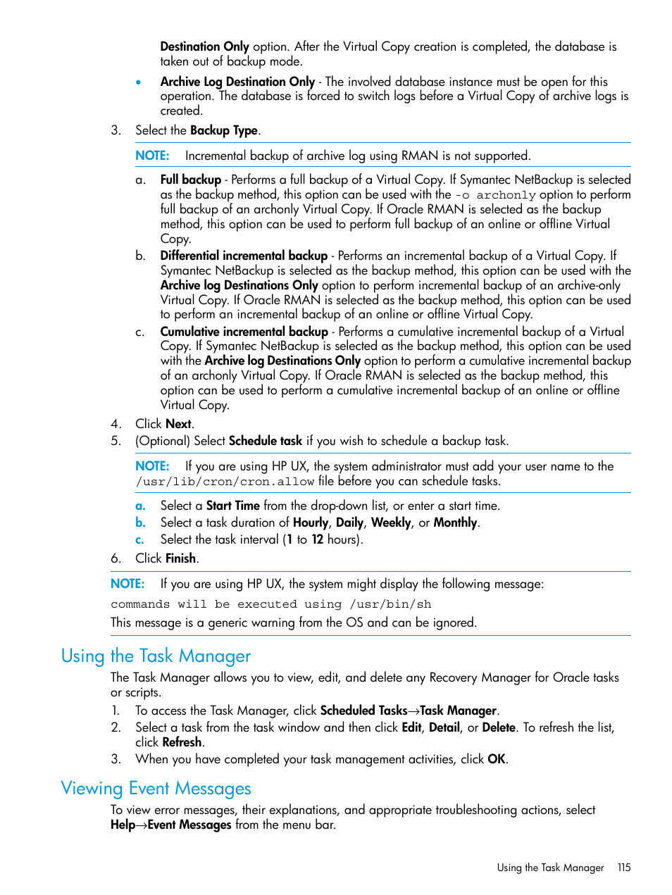 Using the task manager, Viewing event messages, Using the task manager viewing event messages | HP 3PAR Application Software Suite for Oracle User Manual | Page 115 / 223