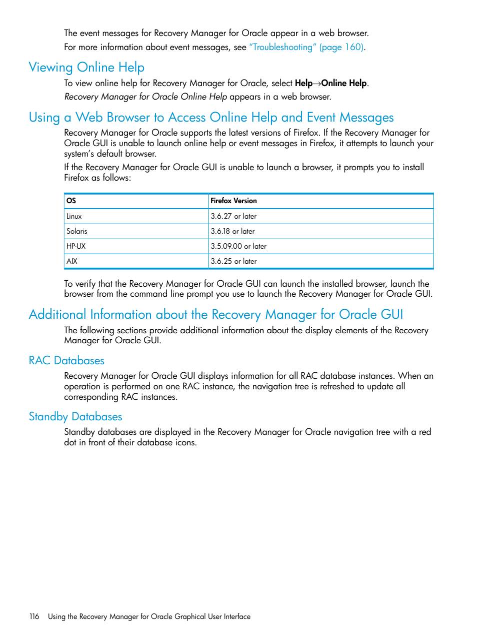 Viewing online help, Rac databases, Standby databases | Rac databases standby databases | HP 3PAR Application Software Suite for Oracle User Manual | Page 116 / 223