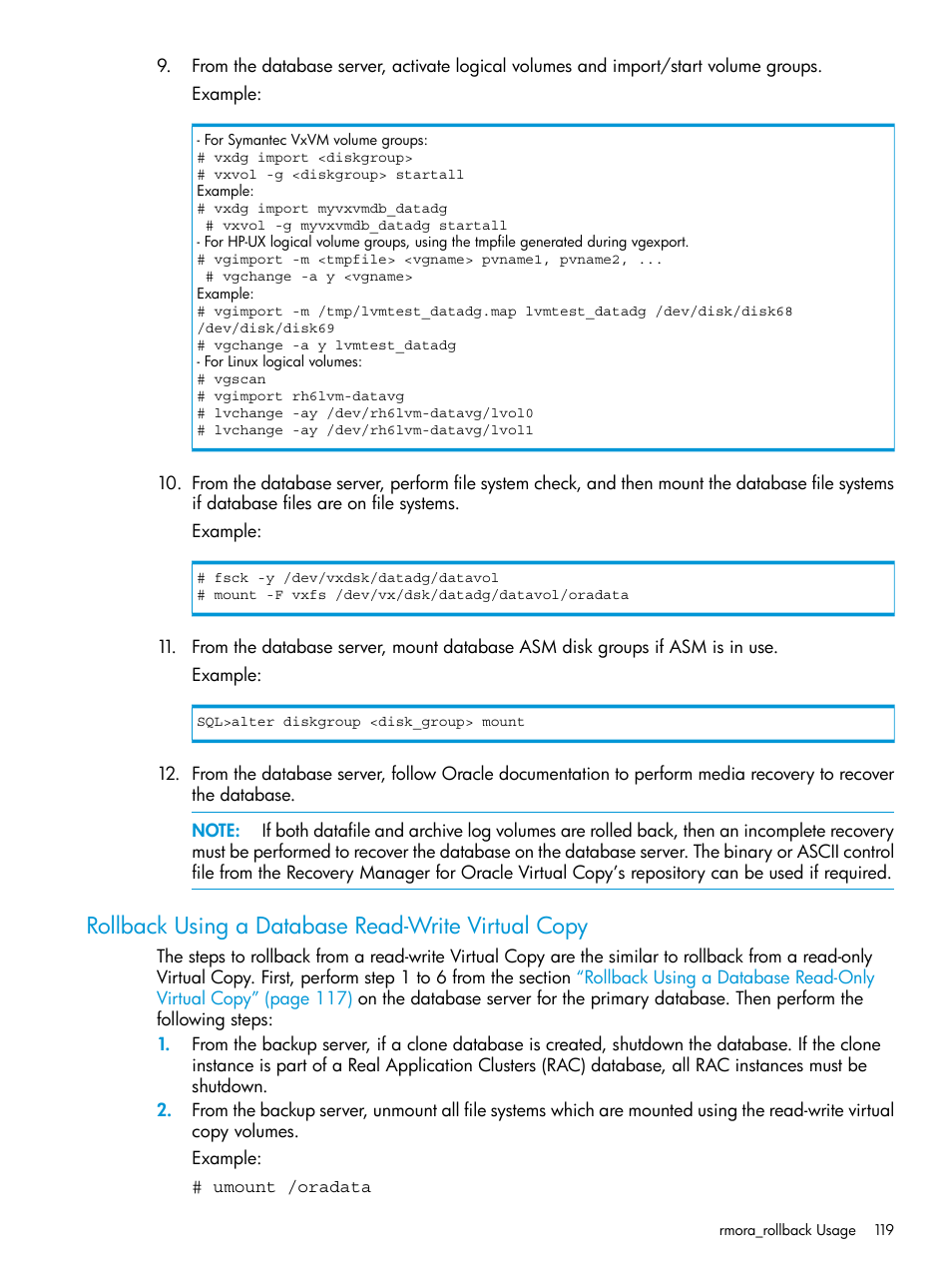 Rollback using a database read-write virtual copy | HP 3PAR Application Software Suite for Oracle User Manual | Page 119 / 223