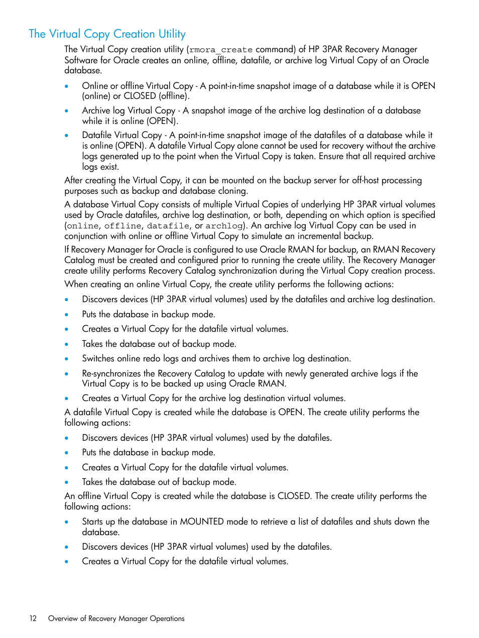 The virtual copy creation utility | HP 3PAR Application Software Suite for Oracle User Manual | Page 12 / 223