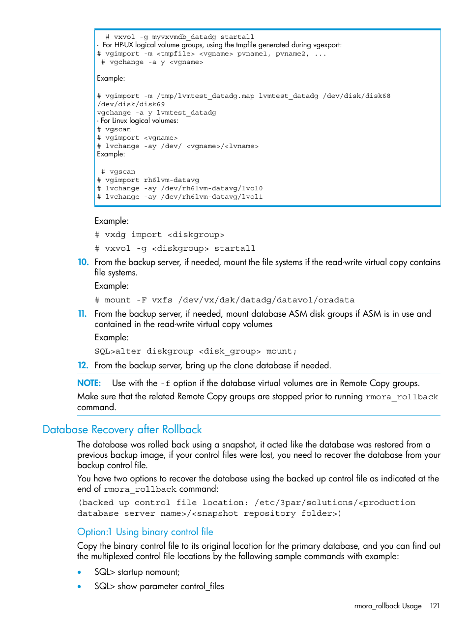 Database recovery after rollback | HP 3PAR Application Software Suite for Oracle User Manual | Page 121 / 223