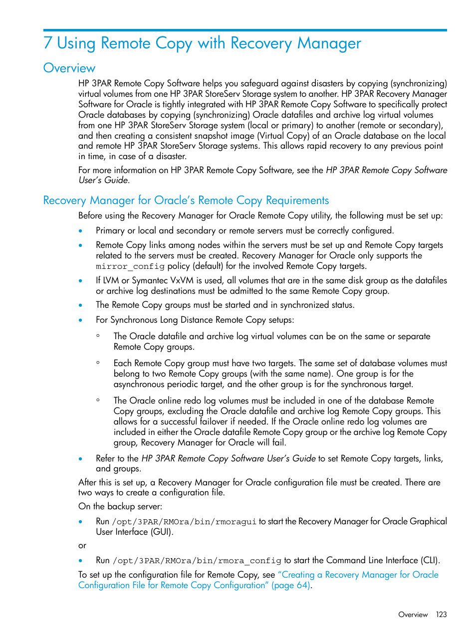 7 using remote copy with recovery manager, Overview | HP 3PAR Application Software Suite for Oracle User Manual | Page 123 / 223