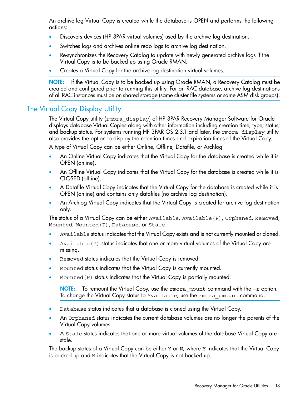 The virtual copy display utility | HP 3PAR Application Software Suite for Oracle User Manual | Page 13 / 223