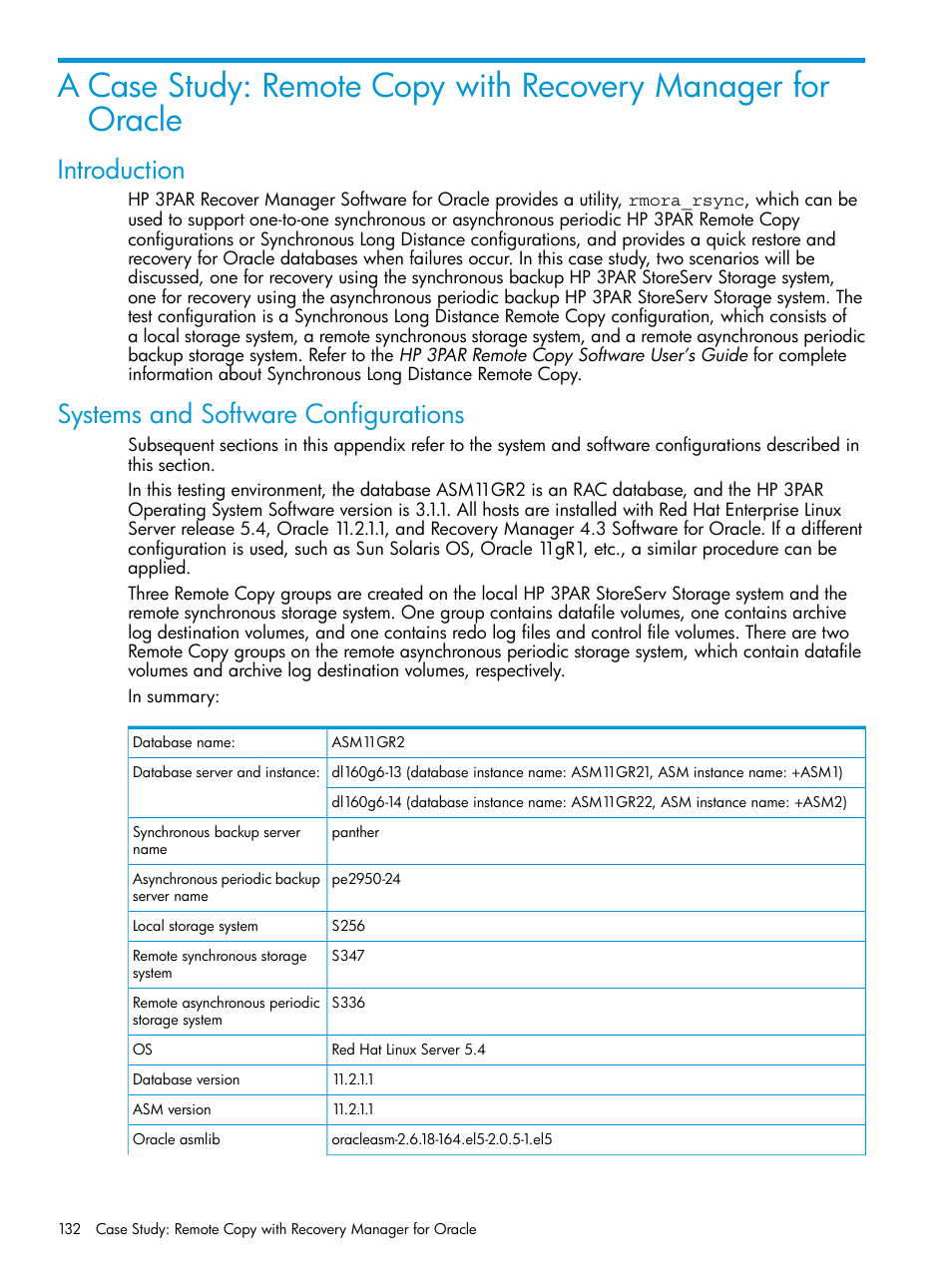 Introduction, Systems and software configurations, Introduction systems and software configurations | HP 3PAR Application Software Suite for Oracle User Manual | Page 132 / 223