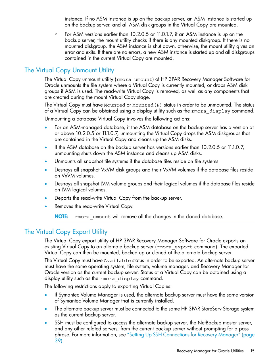 The virtual copy unmount utility, The virtual copy export utility | HP 3PAR Application Software Suite for Oracle User Manual | Page 15 / 223