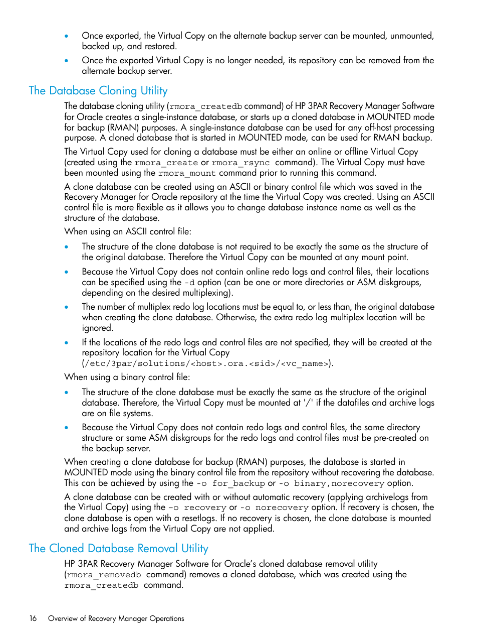 The database cloning utility, The cloned database removal utility | HP 3PAR Application Software Suite for Oracle User Manual | Page 16 / 223