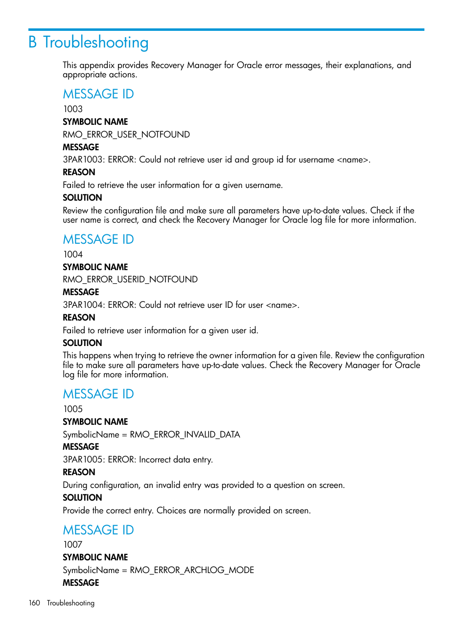 B troubleshooting, Message id | HP 3PAR Application Software Suite for Oracle User Manual | Page 160 / 223