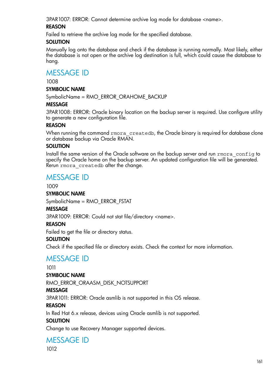 Message id | HP 3PAR Application Software Suite for Oracle User Manual | Page 161 / 223