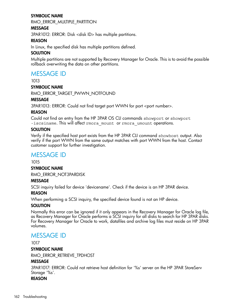 Message id | HP 3PAR Application Software Suite for Oracle User Manual | Page 162 / 223