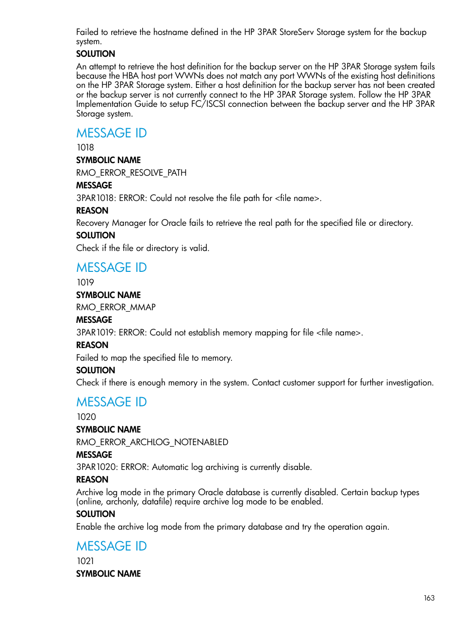 Message id | HP 3PAR Application Software Suite for Oracle User Manual | Page 163 / 223