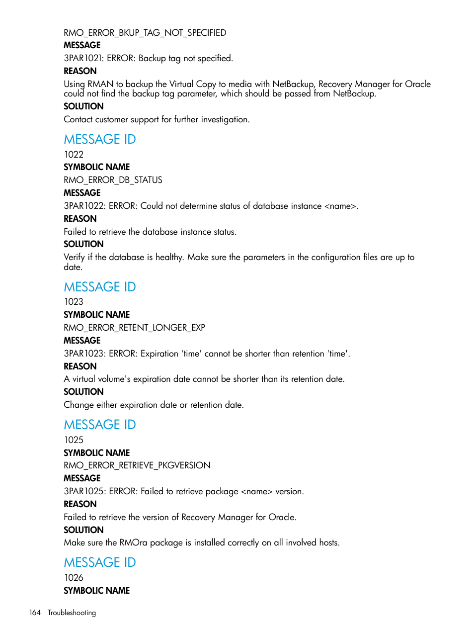 Message id | HP 3PAR Application Software Suite for Oracle User Manual | Page 164 / 223