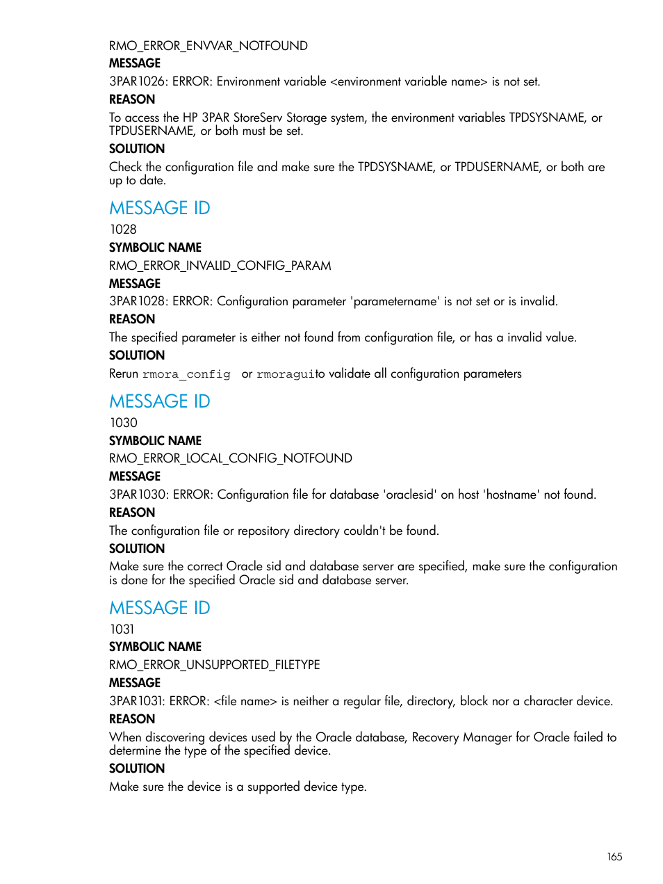 Message id | HP 3PAR Application Software Suite for Oracle User Manual | Page 165 / 223