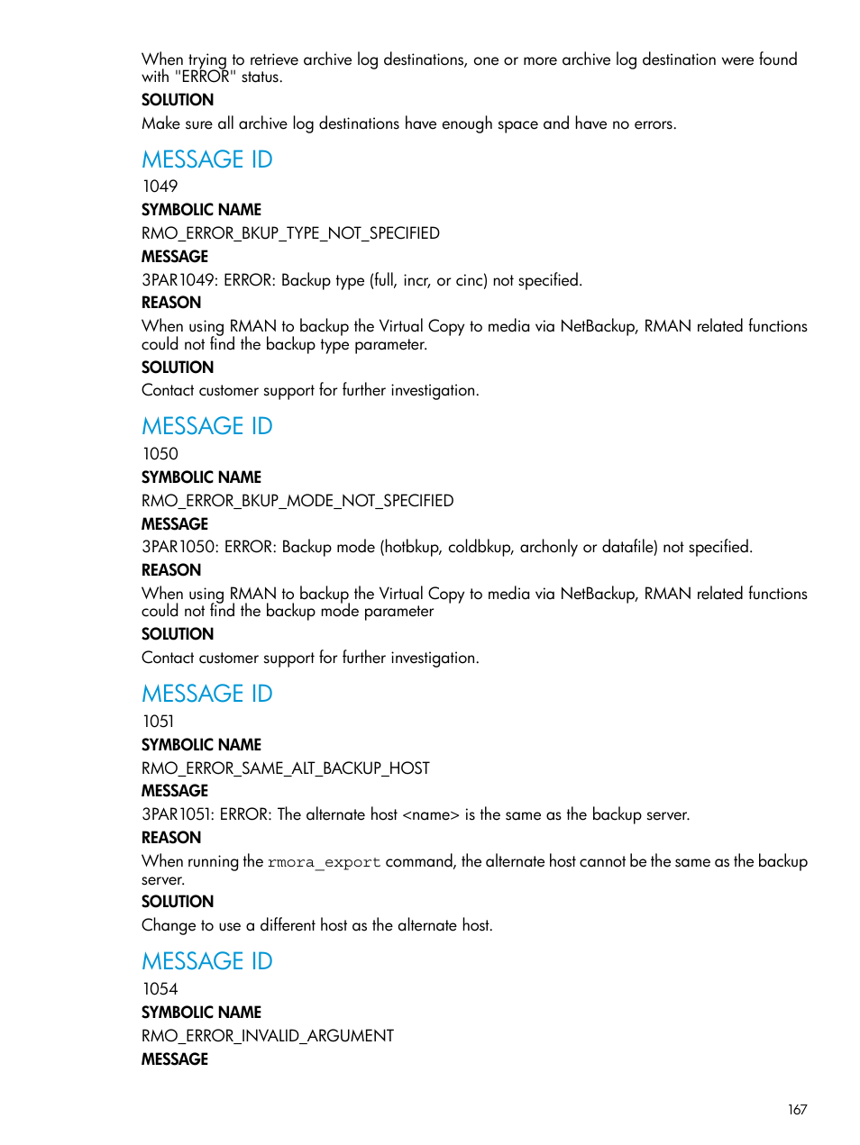 Message id | HP 3PAR Application Software Suite for Oracle User Manual | Page 167 / 223