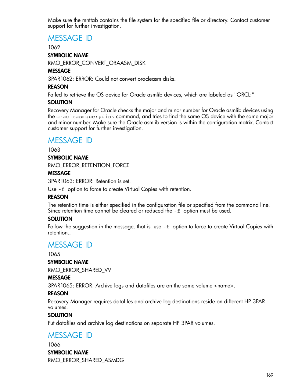 Message id | HP 3PAR Application Software Suite for Oracle User Manual | Page 169 / 223
