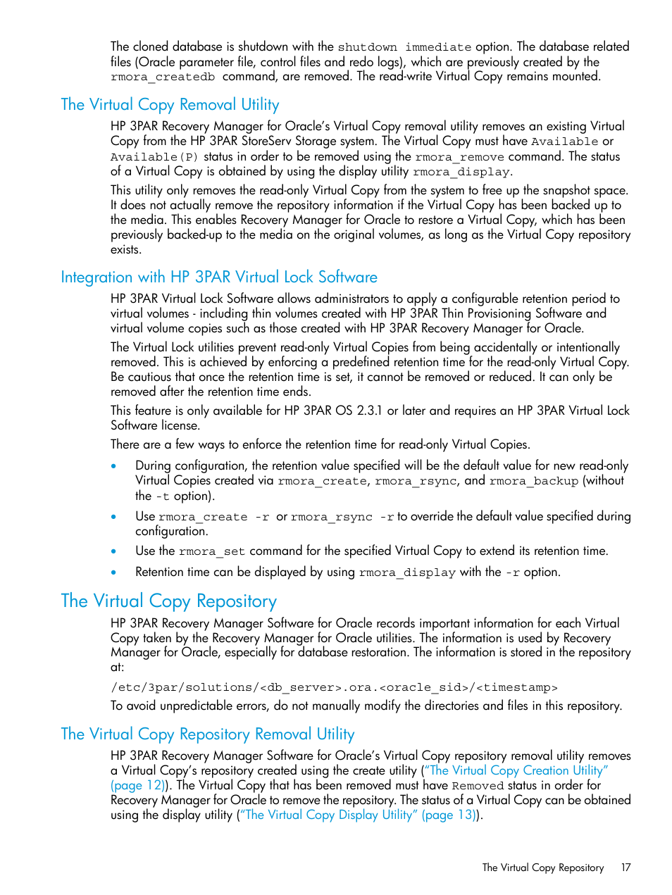 The virtual copy removal utility, Integration with hp 3par virtual lock software, The virtual copy repository | The virtual copy repository removal utility | HP 3PAR Application Software Suite for Oracle User Manual | Page 17 / 223