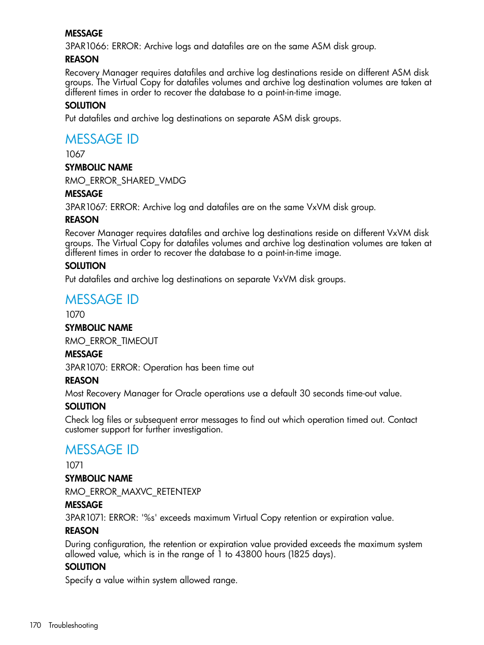 Message id | HP 3PAR Application Software Suite for Oracle User Manual | Page 170 / 223