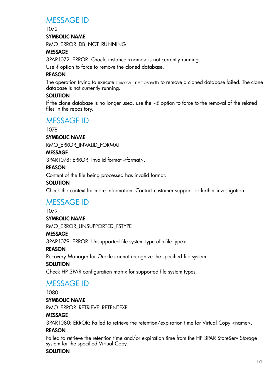 Message id | HP 3PAR Application Software Suite for Oracle User Manual | Page 171 / 223