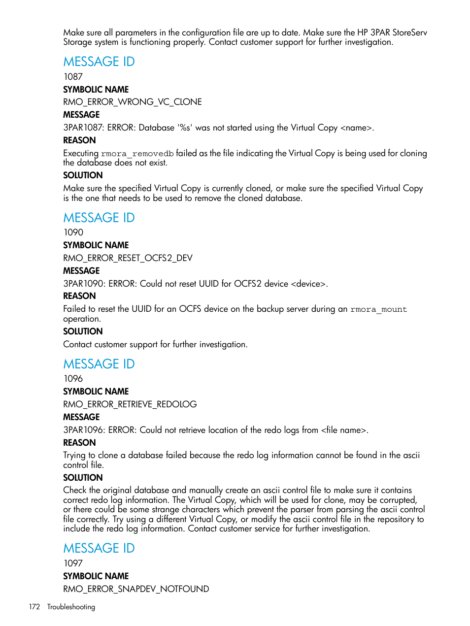 Message id | HP 3PAR Application Software Suite for Oracle User Manual | Page 172 / 223