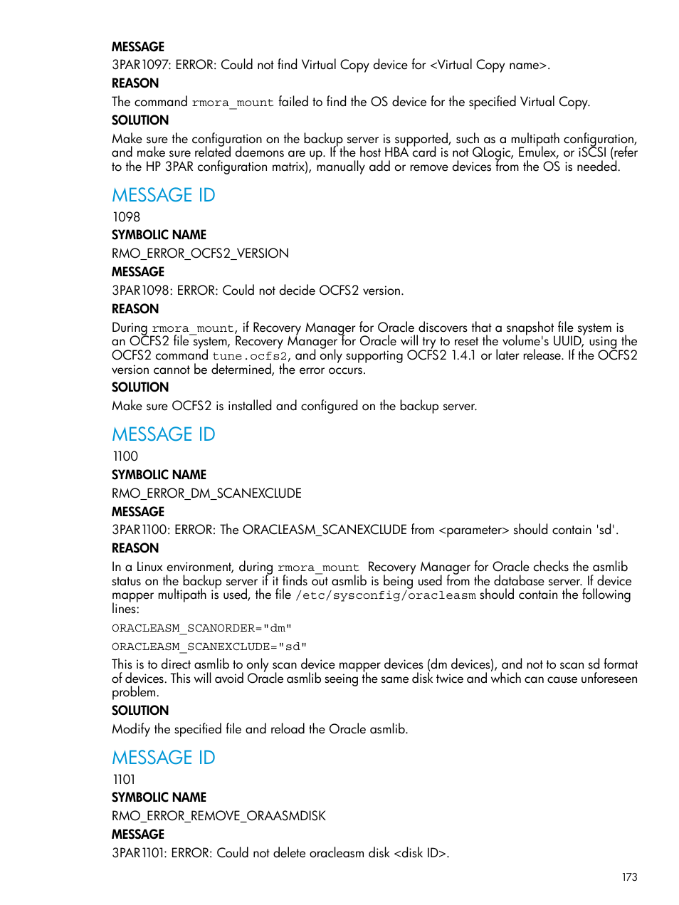 Message id | HP 3PAR Application Software Suite for Oracle User Manual | Page 173 / 223