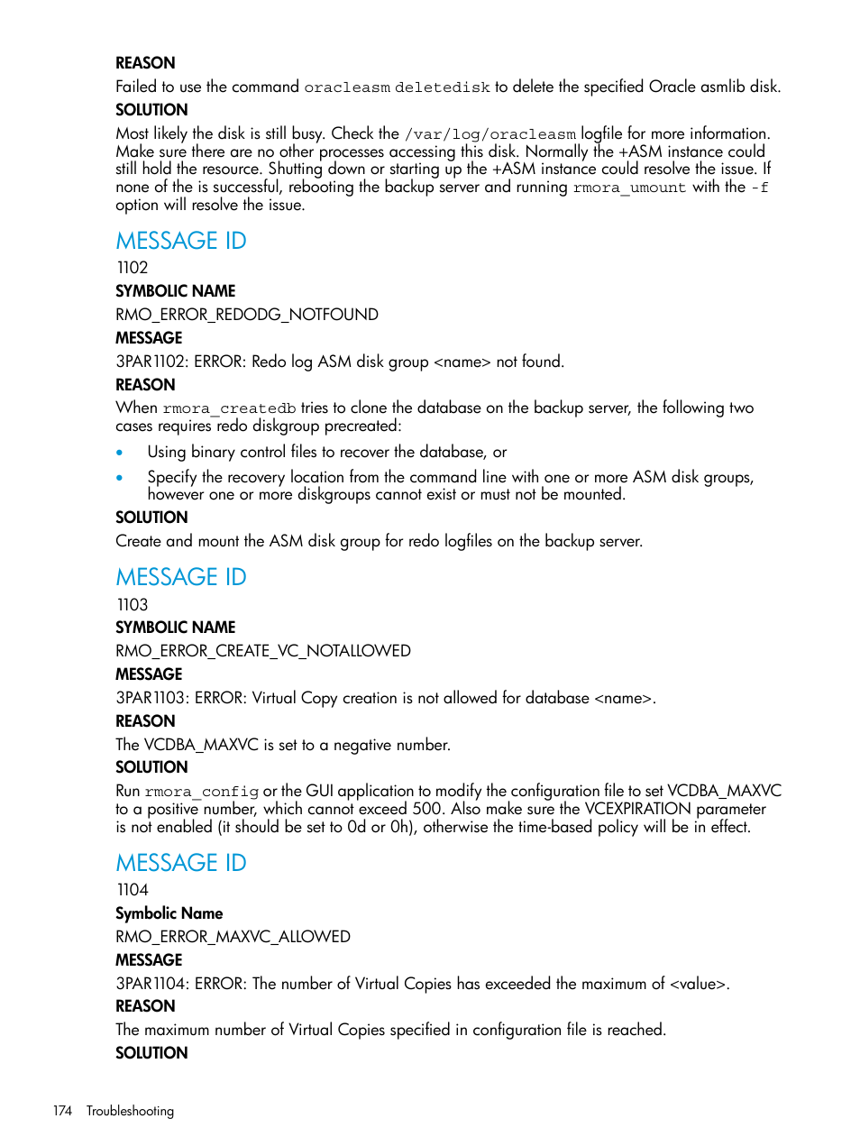 Message id | HP 3PAR Application Software Suite for Oracle User Manual | Page 174 / 223