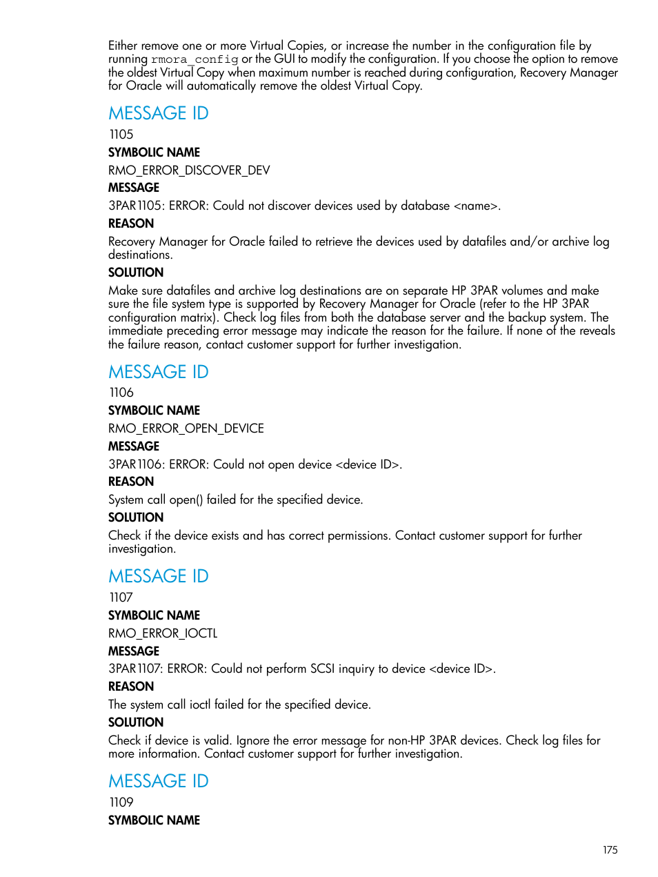 Message id | HP 3PAR Application Software Suite for Oracle User Manual | Page 175 / 223